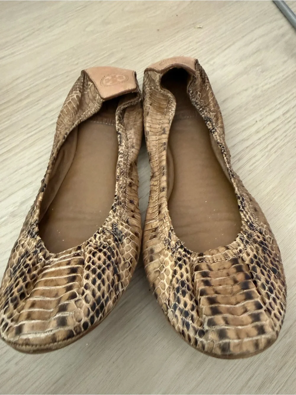 Tory Burch Tan Snakeskin-Print Ballet Flats